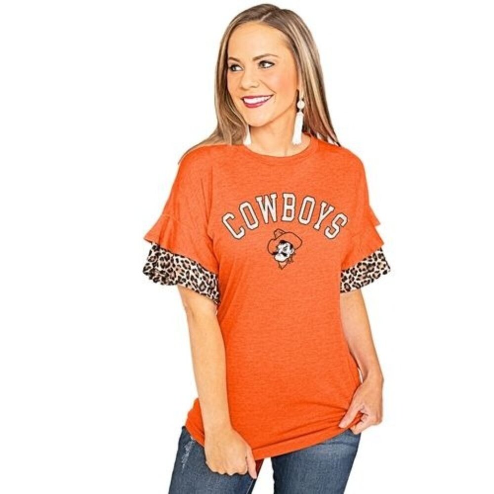 Medium Gameday Couture Leopard OSU Oklahoma State Cowboys Ruffle Top